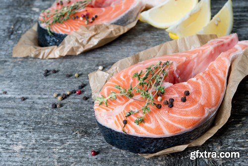 Raw salmon filet, stake and sushi - 83xUHQ JPEG