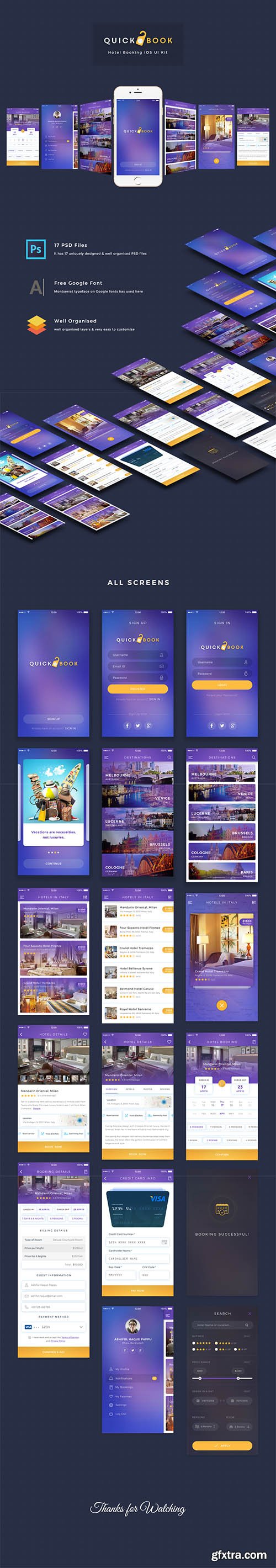 QuickBook iOS UI Kit - Perfect Hotel Booking iOS Mobile UI Kit for Photoshop