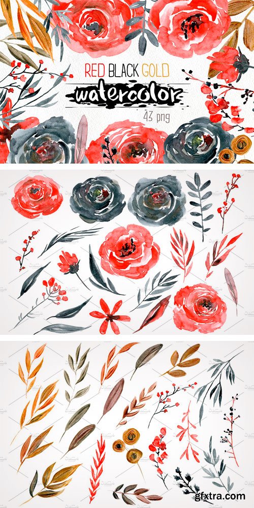 CM 1126328 - Watercolor Red Black Gold Flowers