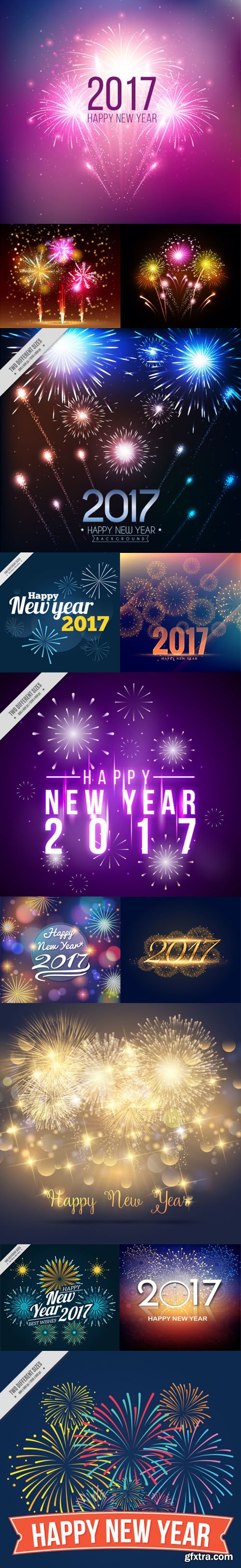 Colorful New Year 2017 Backgrounds With Awesome Fireworks in Vector [13 Templates]