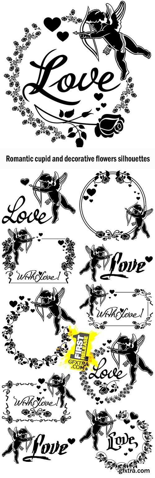 Romantic cupid and decorative flowers silhouettes