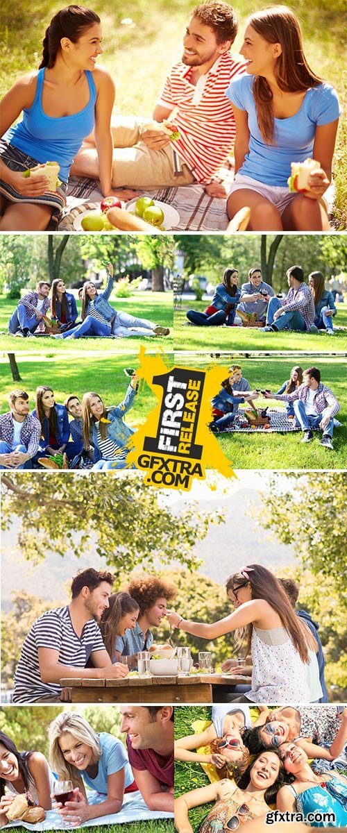 Happy friends on picnic in park Stock Images