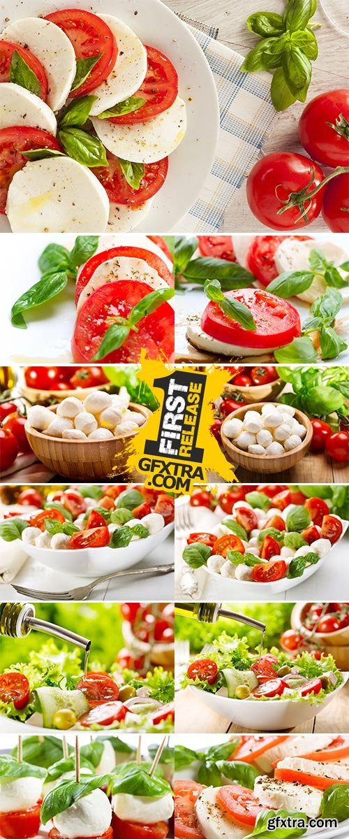 Salad with mozzarella, tomatoes and green basil Stock Images