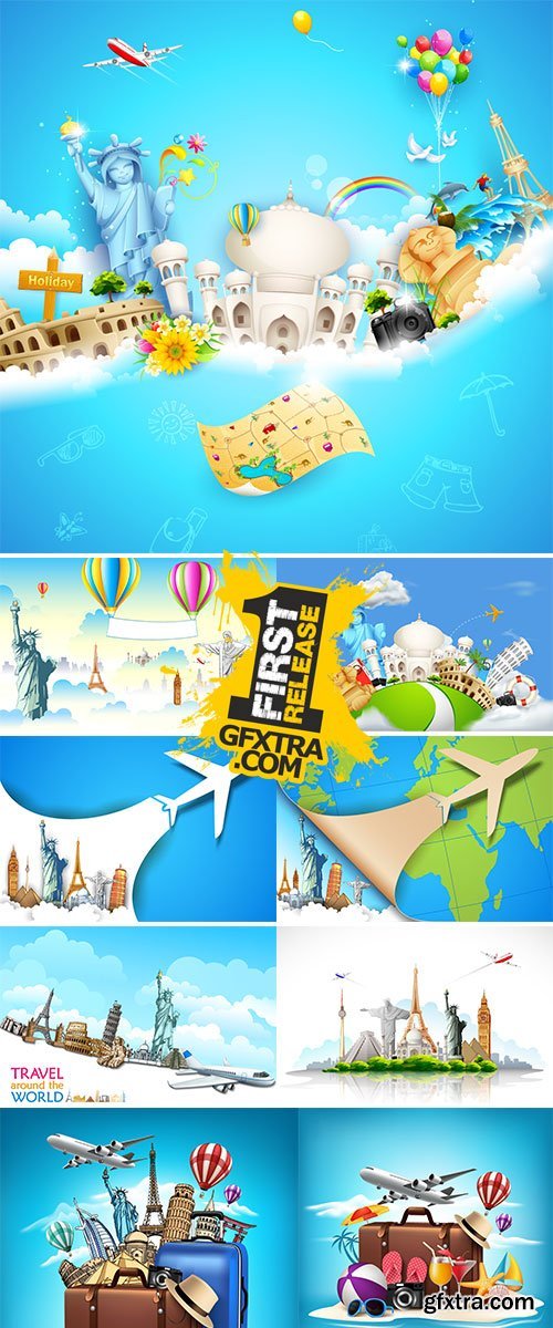 Travel and Tourism Background with Famous World Landmarks - Stock vector