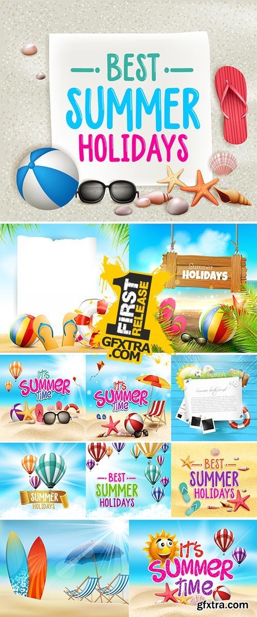 Stock vector Summer Time in Beach Sea Shore with Realistic Objects