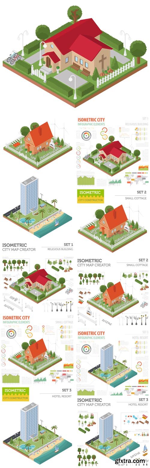 Vector Set - Flat 3d Isometric Church, House and Hotel