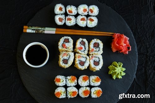 Collection of sushi rice seafood sauce with wasabi caviar 25 HQ Jpeg