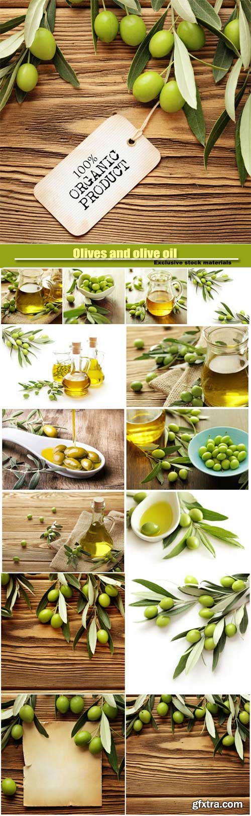 Olives and olive oil on a wooden background