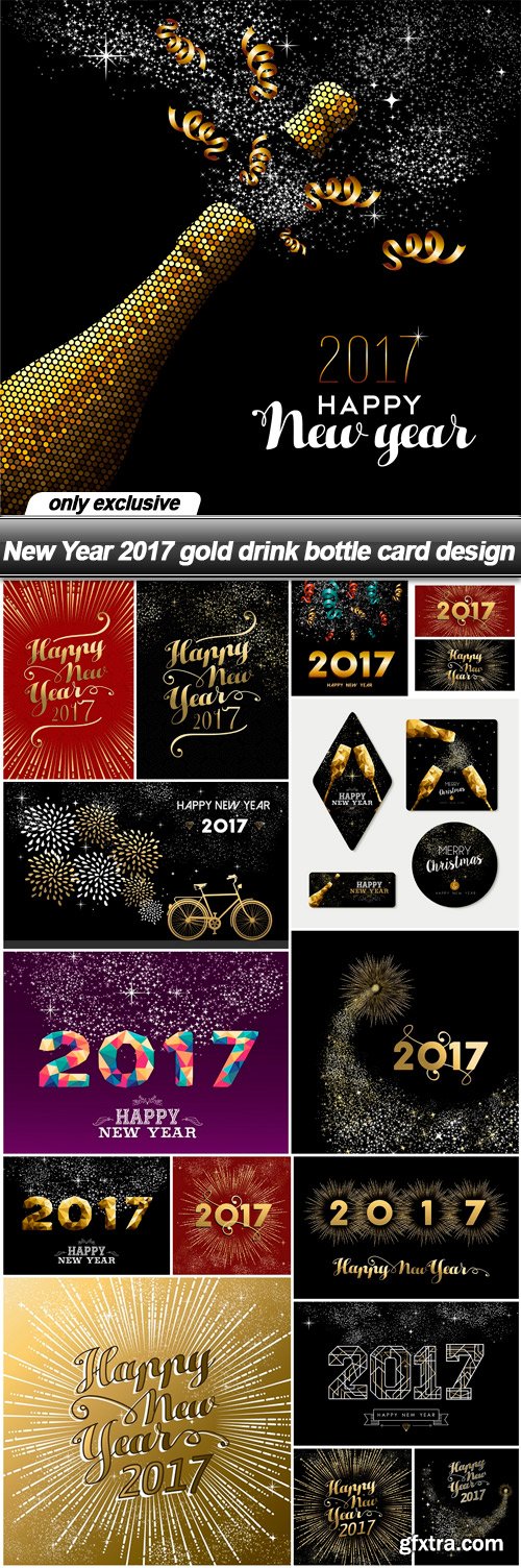 New Year 2017 gold drink bottle card design - 16 EPS
