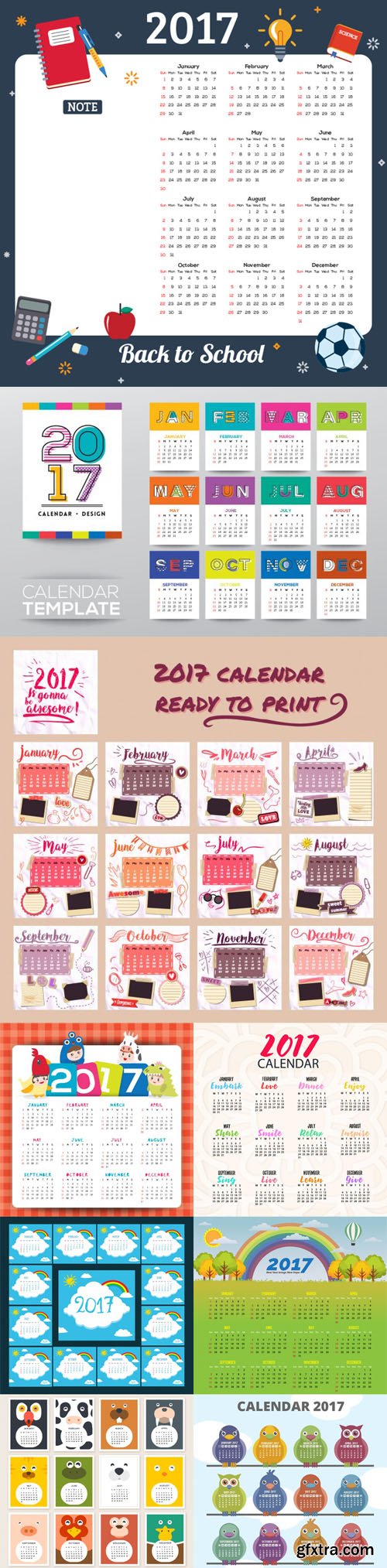 2017 Calendar Template Vector - 9 Calendars [AI/EPS]