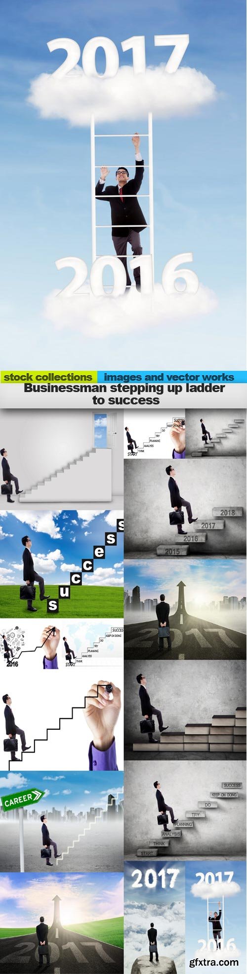 Businessman stepping up ladder to success, 15 x UHQ JPEG
