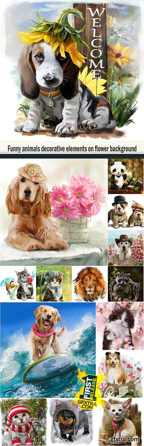 Funny animals decorative elements on flower background