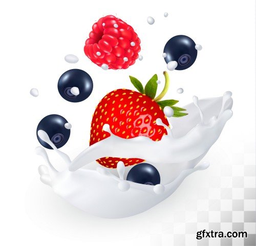 Vector fruits and berries in the splash of milk, raspberry and blueberry, blackberry