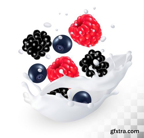 Vector fruits and berries in the splash of milk, raspberry and blueberry, blackberry