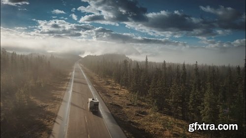 Aerial of rv driving on icefields parkway in jasper