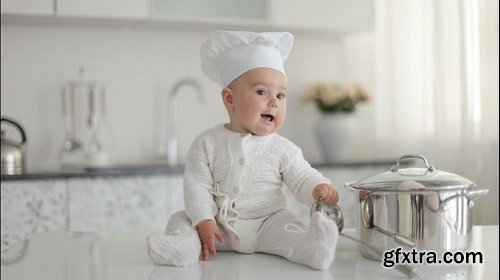 Baby boy with a ladle sitting on table