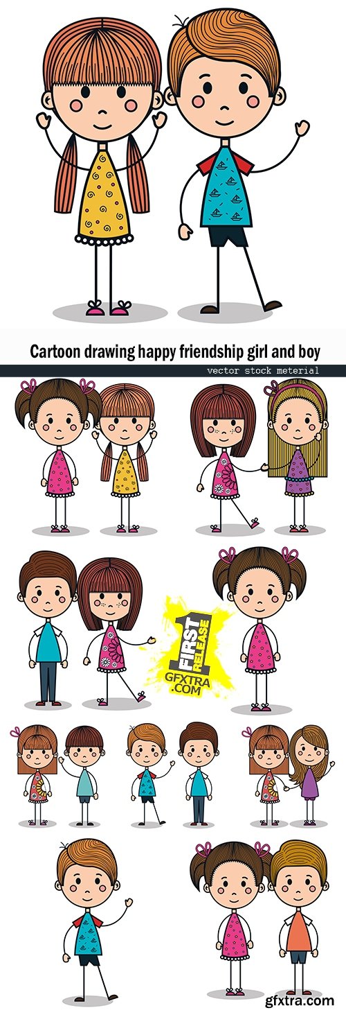 Cartoon drawing happy friendship girl and boy