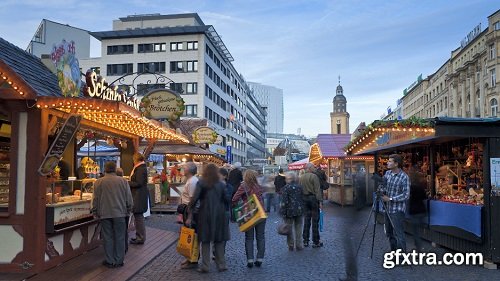 Christmas market at dusk filled with tourists frankfurt am main hessen germ