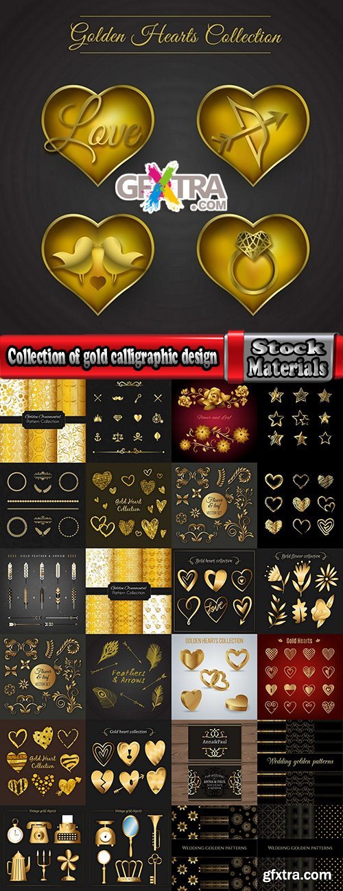 Collection of gold calligraphic design elements feather heart arrow wallpaper pattern 25 EPS