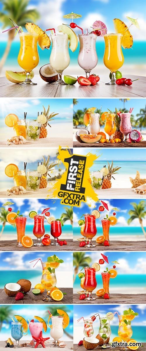 Stock Image Exotic summer drinks , blur sandy beach