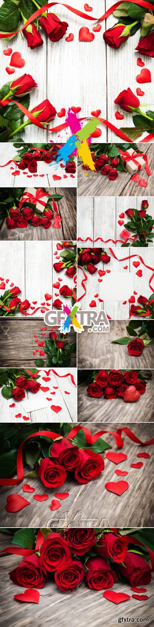 Stock Photo - Red Roses on Wooden Background