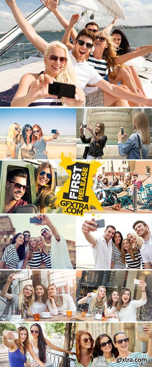 Stock Image People taking selfie by smartphone in travel