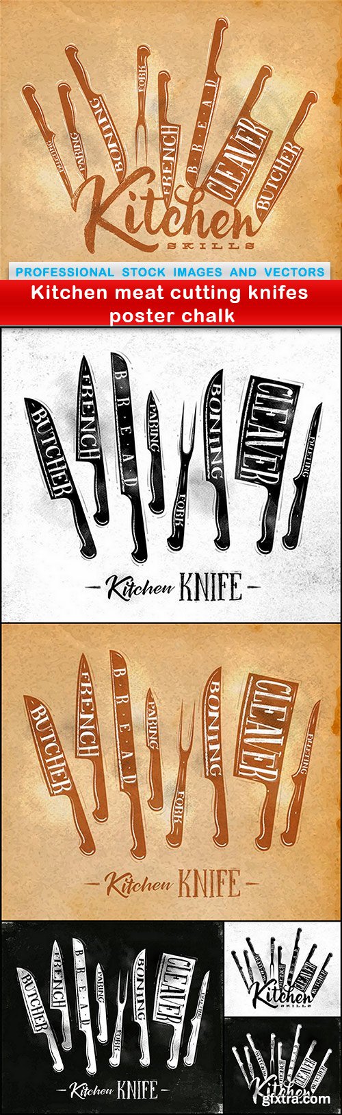 Kitchen meat cutting knifes poster chalk - 6 EPS