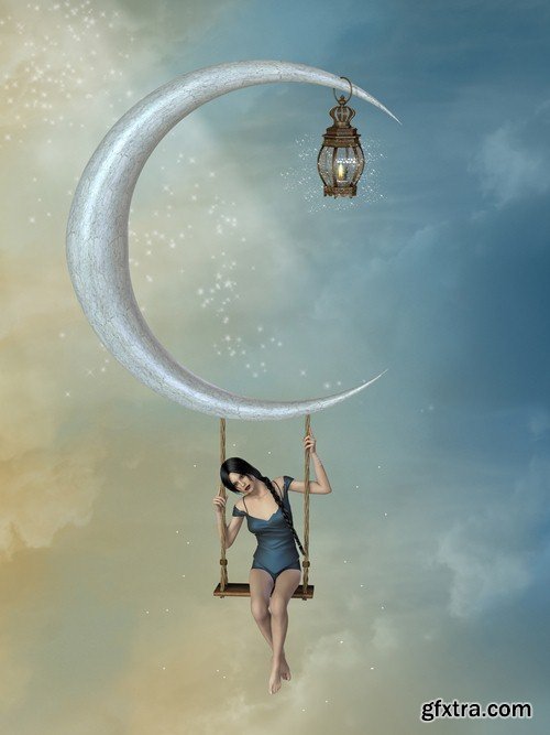 Moon and girl illustration - 7 UHQ JPEG