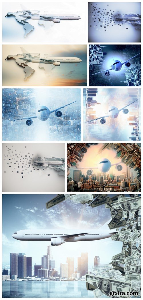 Airplane on city background Concept 9X JPEG