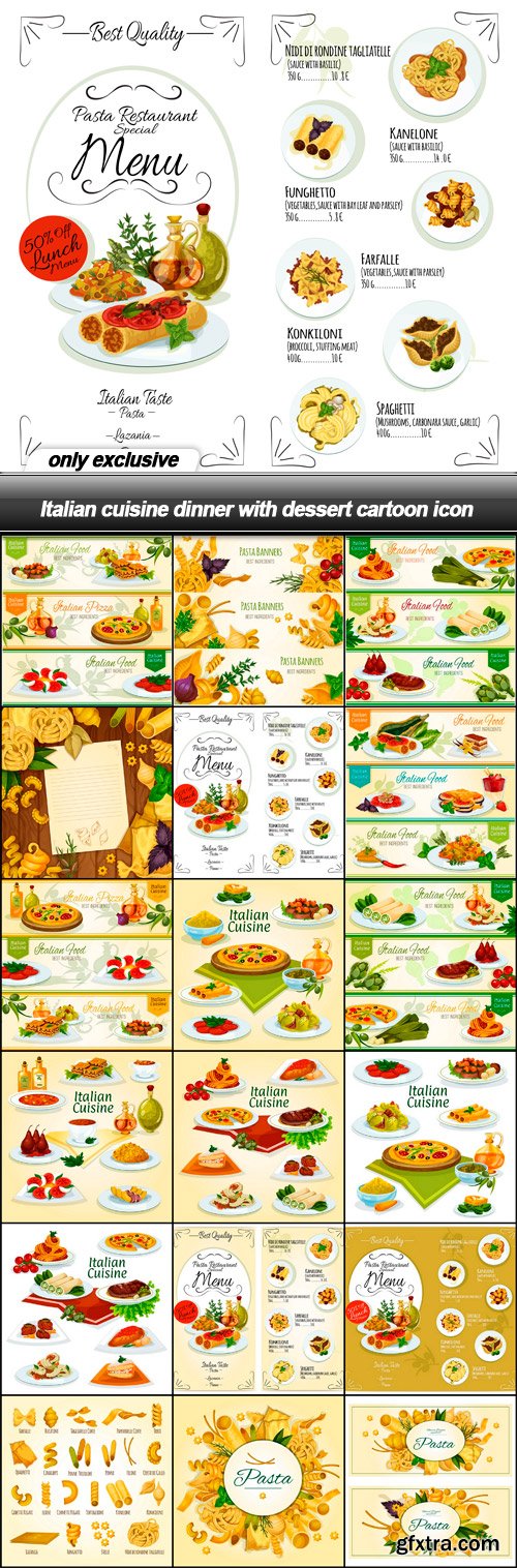 Italian cuisine dinner with dessert cartoon icon - 18 EPS