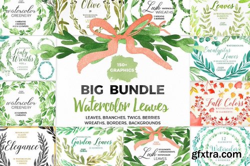 CreativeMarket Watercolor Leaves Clipart BIG BUNDLE 1143382