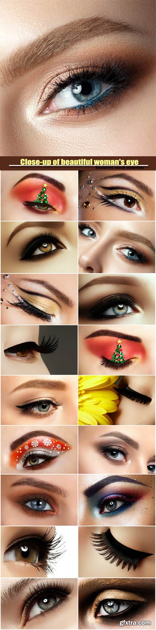 Close-up of beautiful woman's eye, colored eyeshadows, makeover christmas tree