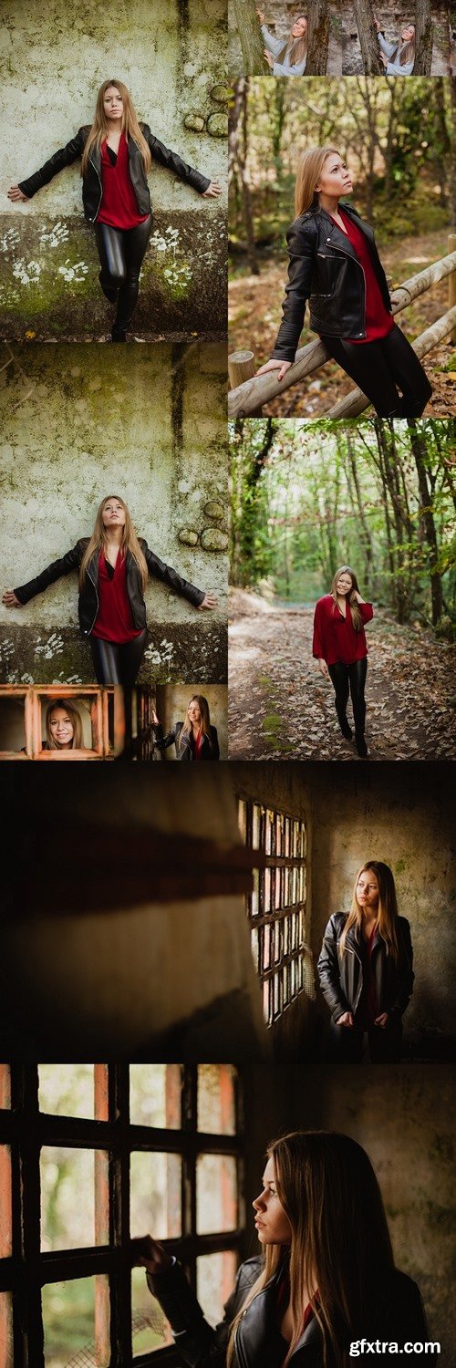 Blonde girl on a vintage wall