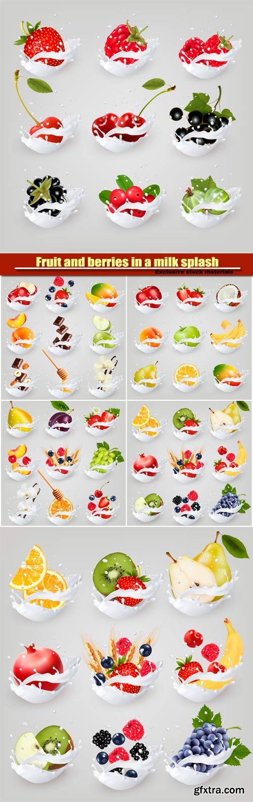 Big vector collection icons of fruit and berries in a milk splash