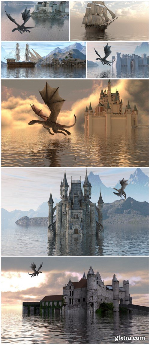 3D illustration Castle on the water and a dragon 7X JPEG