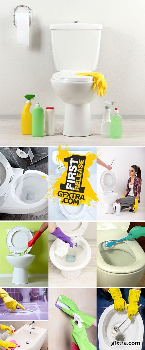 Stock Image Hands in yellow gloves washing a toilet bowl