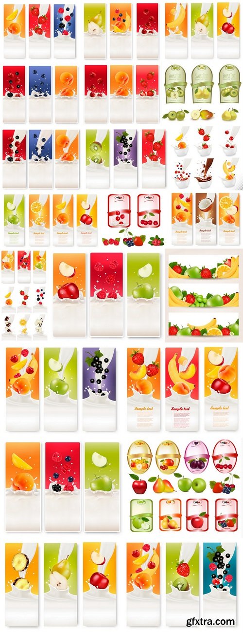Big collection icons of fruit in a milk splash 2