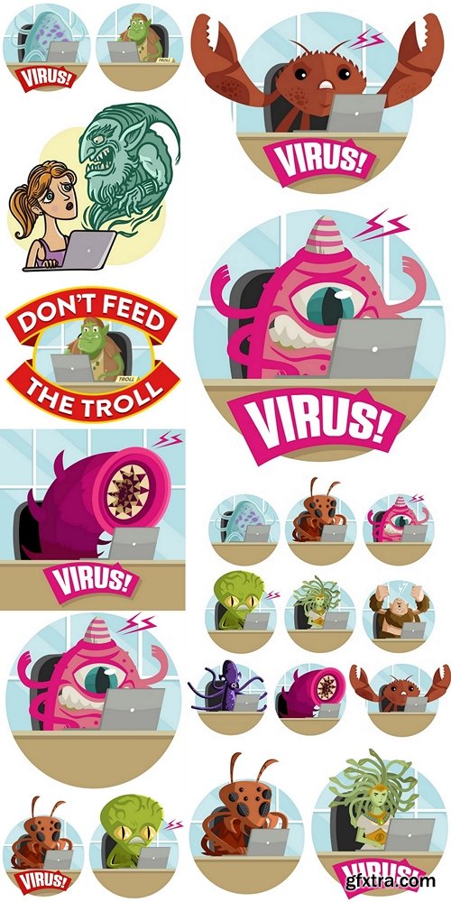 Evil monsters virus cute users using laptop