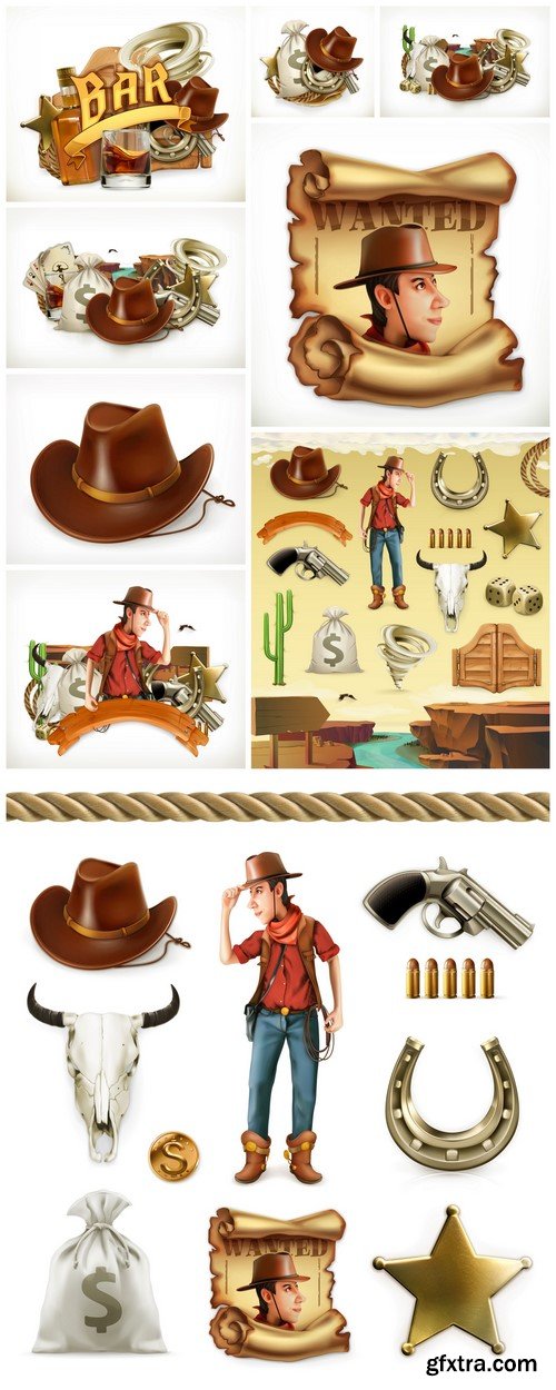 Cowboy cartoon character and objects 9X EPS