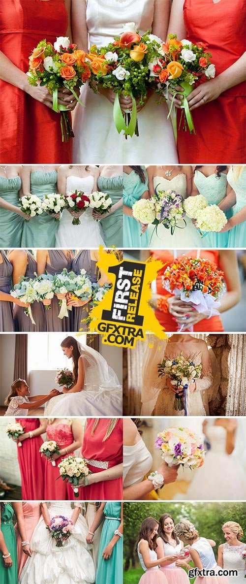 Stock Image Bride with bridesmaids holding wedding bouquets