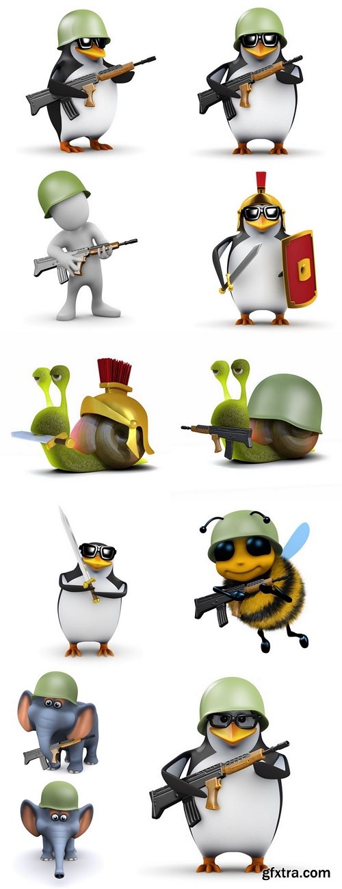 3d Penguin, bee, snail, elephant, Soldier marching forward