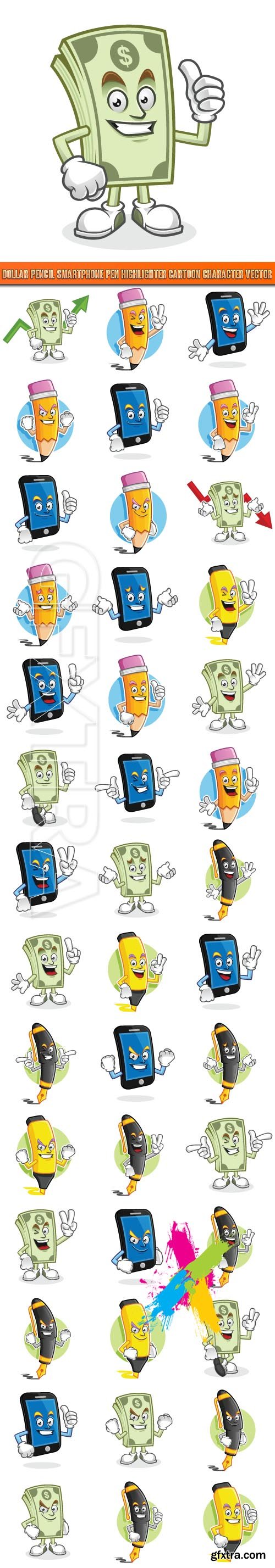 Dollar Pencil Smartphone Pen Highlighter cartoon character vector