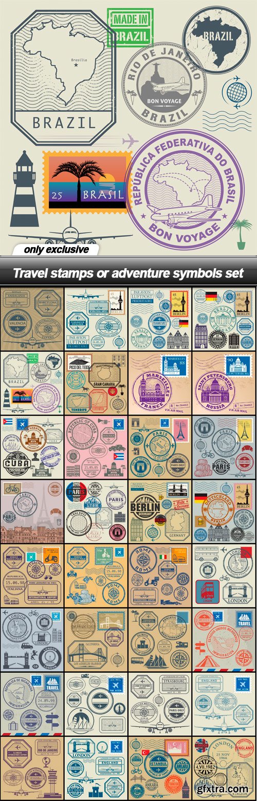 Travel stamps or adventure symbols set - 32 EPS