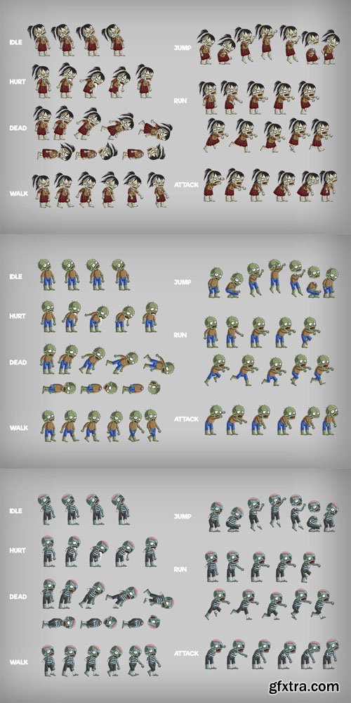 2D Game Zombie Characters With Animations - Sprite Pack [AI/PNG]