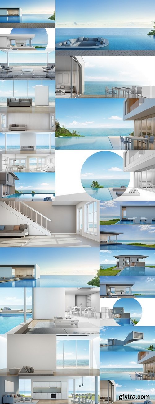 Luxury beach house with sea view pool in modern design - 3d rendering