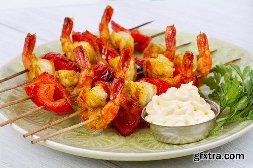 Collection of skewers of seafood prawn red fish octopus squid barbecue 25 HQ Jpeg