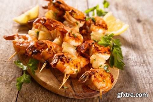 Collection of skewers of seafood prawn red fish octopus squid barbecue 25 HQ Jpeg