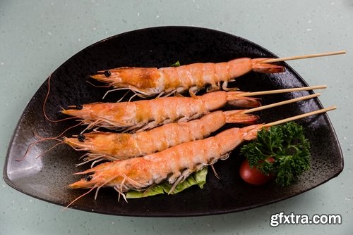 Collection of skewers of seafood prawn red fish octopus squid barbecue 25 HQ Jpeg