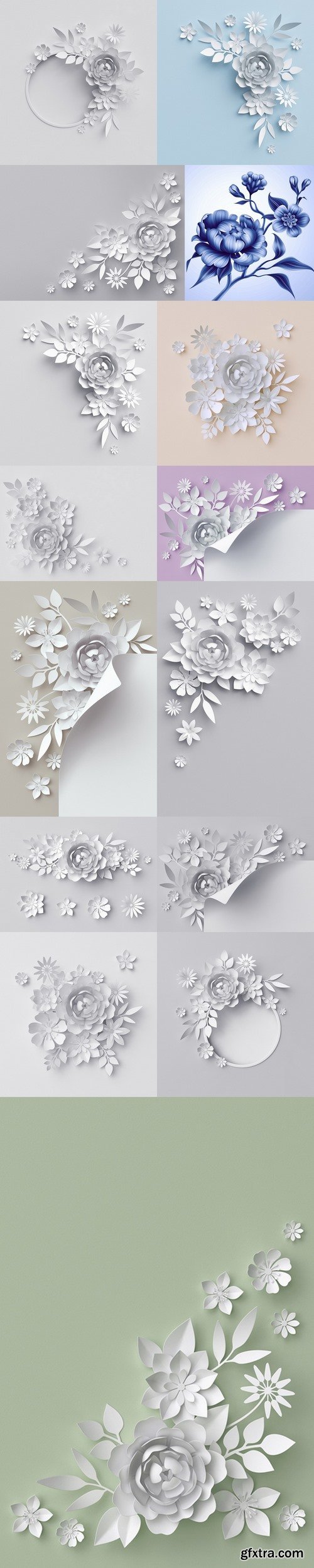 3d render, digital illustration, white paper flowers, floral background 2