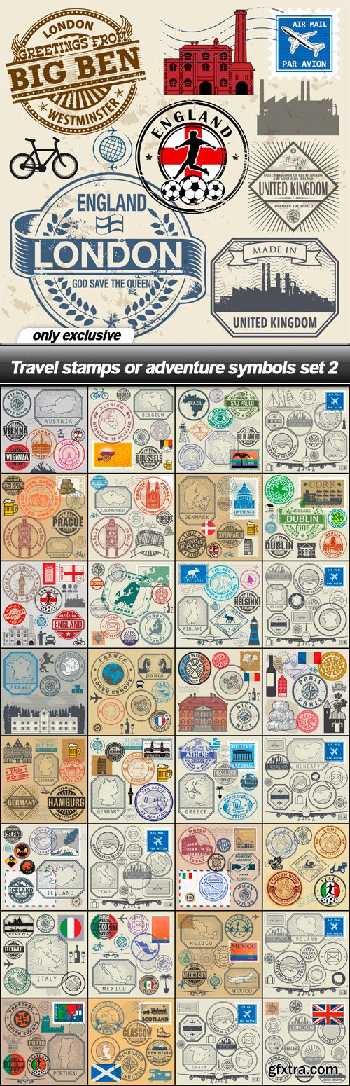 Travel stamps or adventure symbols set 2 - 33 EPS